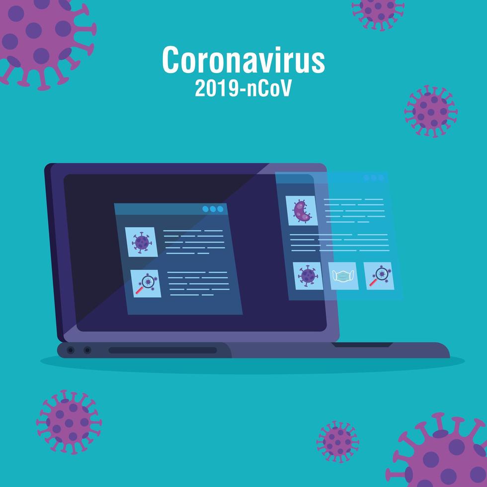 búsqueda de información ncov 2019 en línea en una computadora portátil vector