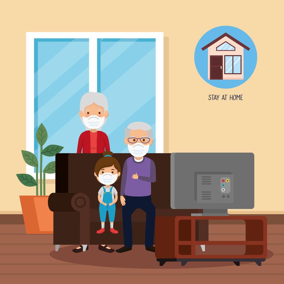 campaña para quedarse en casa con abuelos y nieta vector