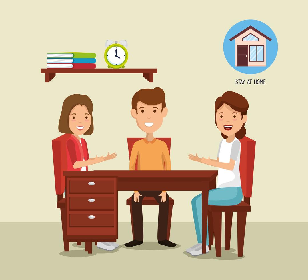 stay at home campaign with people in wooden table vector