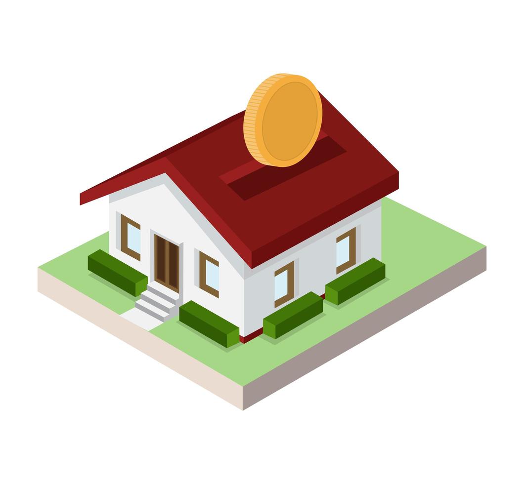 isometric Little house piggy bank with coin vector