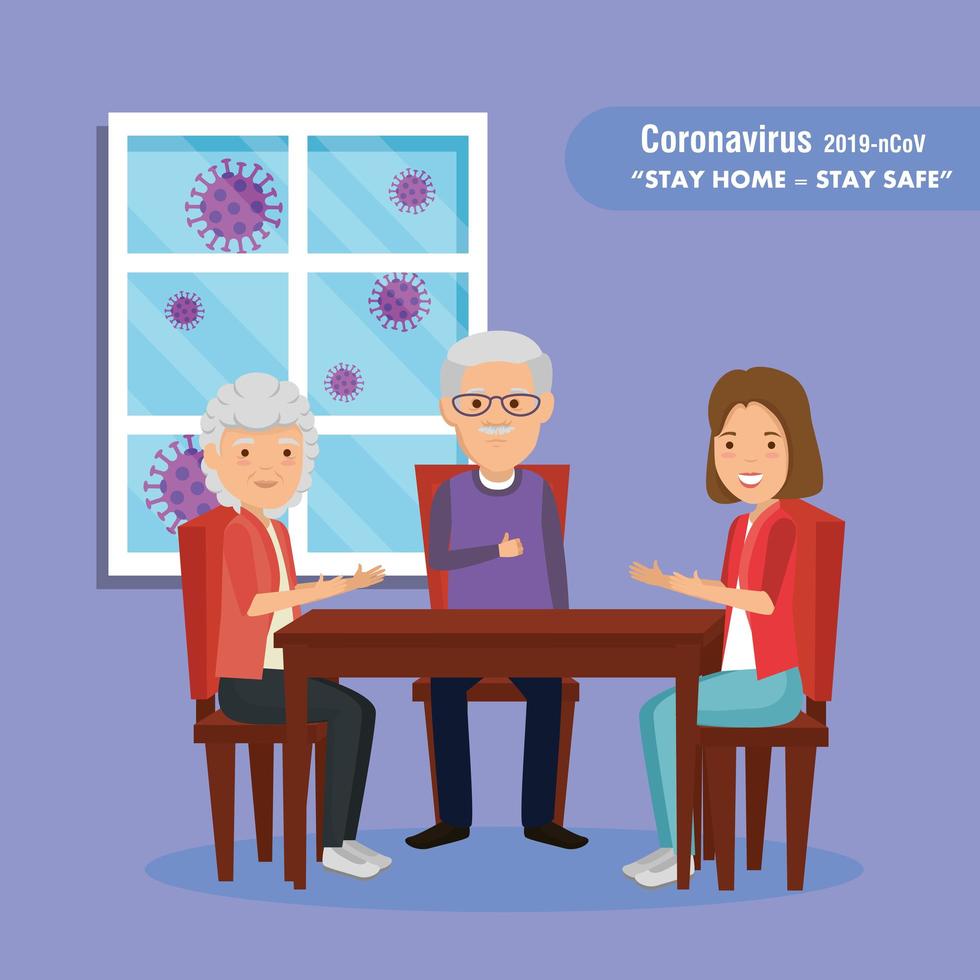stay at home campaign with family in wooden table vector