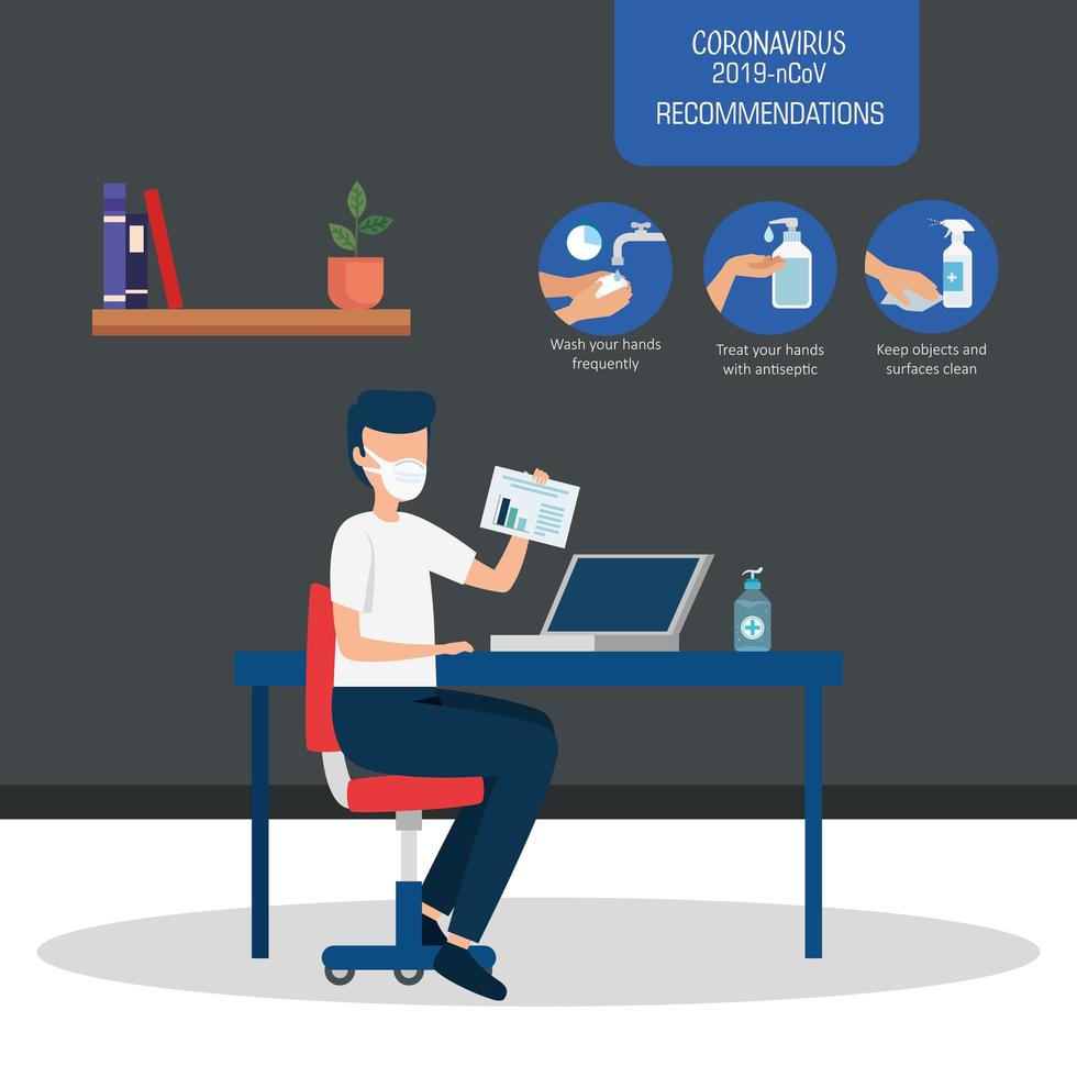 campaign of recommendations of 2019 ncov at office with man and icons vector