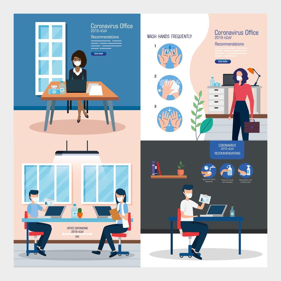 set banners of recommendations of 2019 ncov at office vector