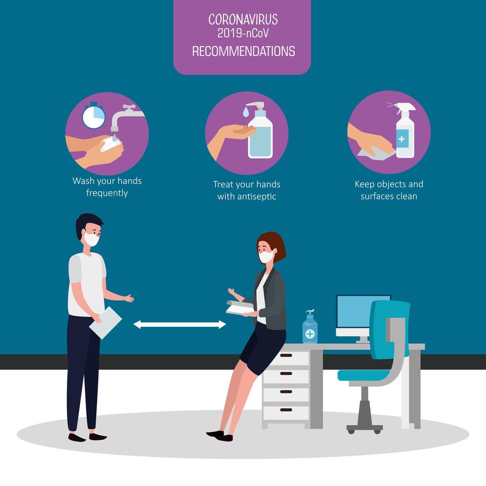 campaign of recommendations of 2019 ncov at office with business couple and icons vector