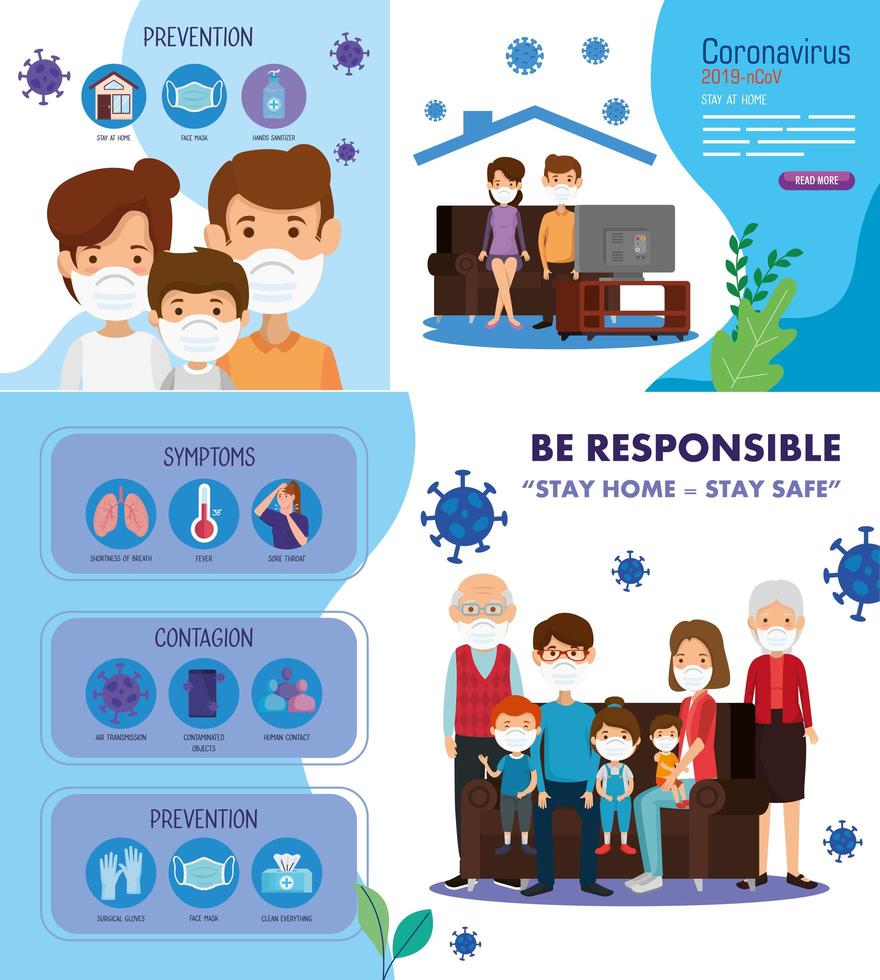 Escenas ambientadas estancia en casa y prevención campaña ncov 2019 vector