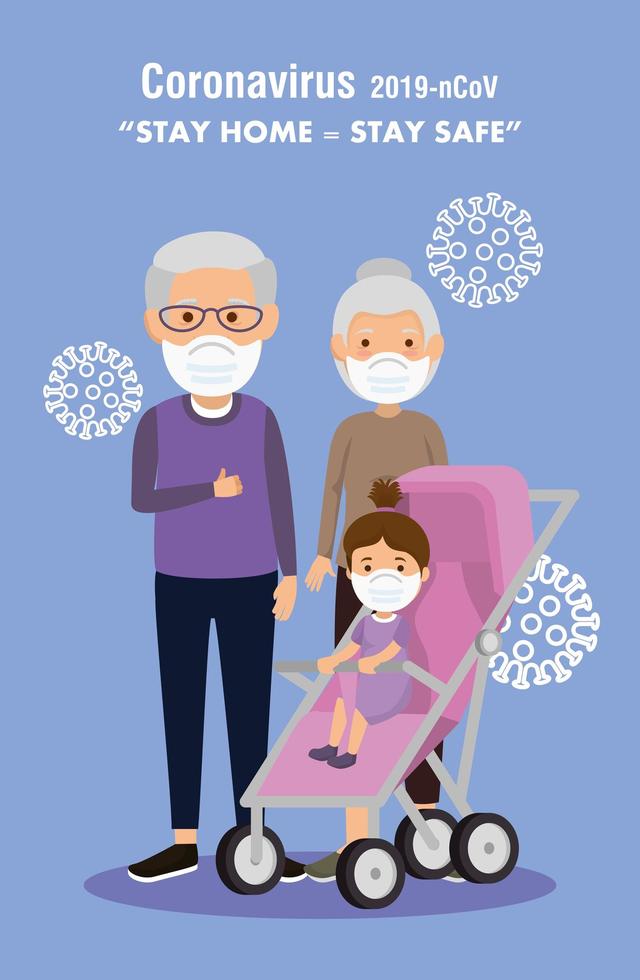 stay at home campaign with grandparents and granddaughter vector