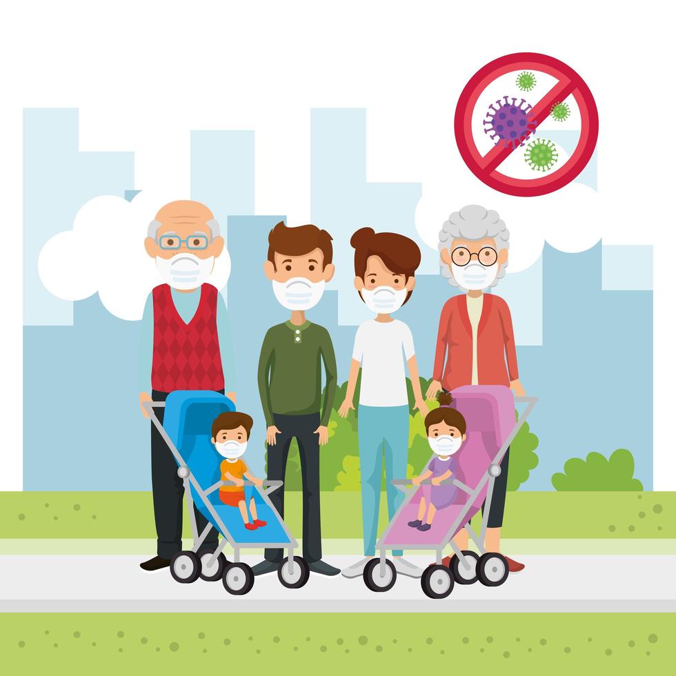 family members using face mask in landscape vector