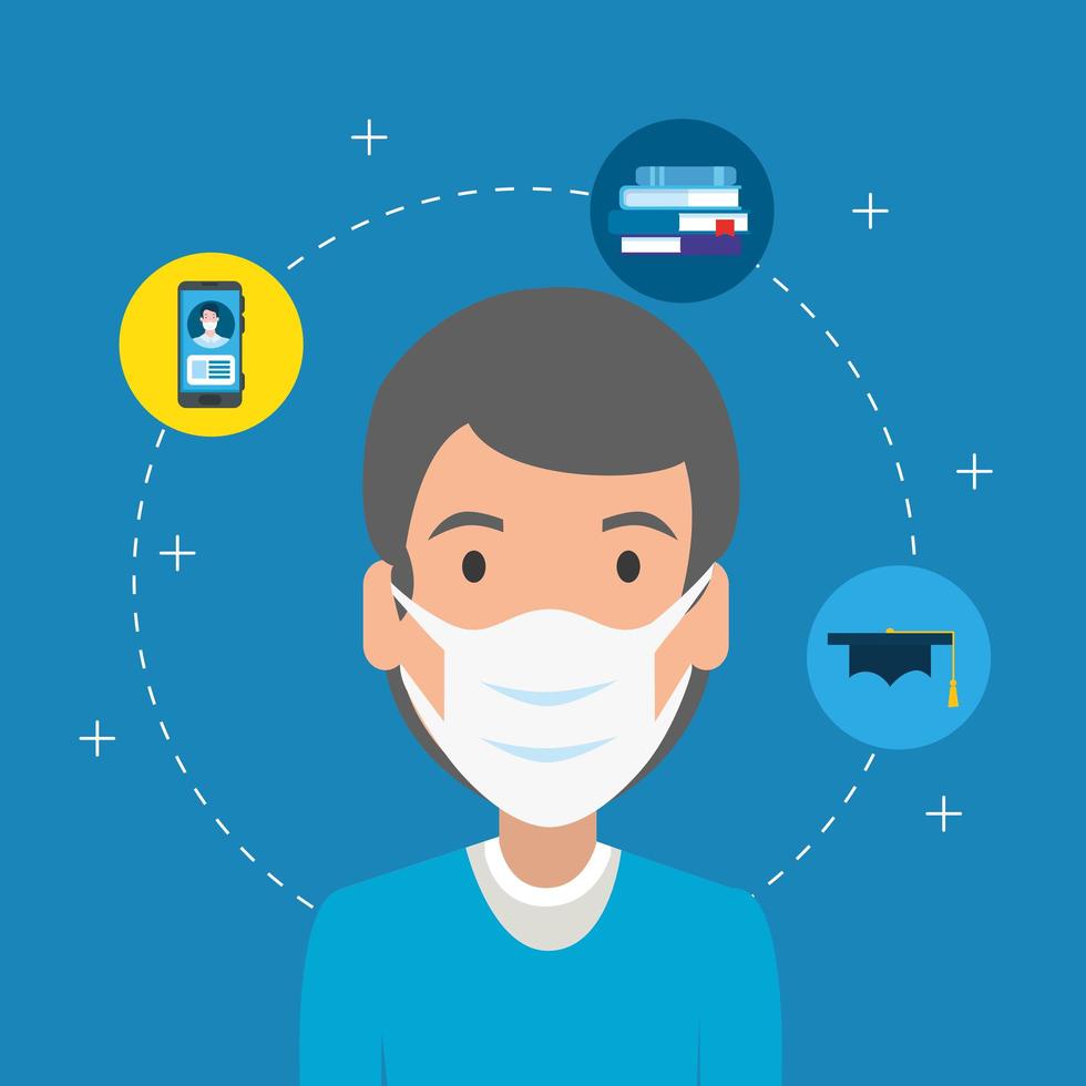 Hombre usando mascarilla con iconos de educación vector