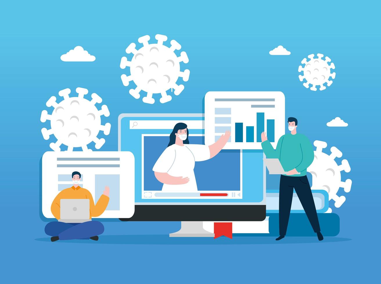education online technology with people using face mask vector