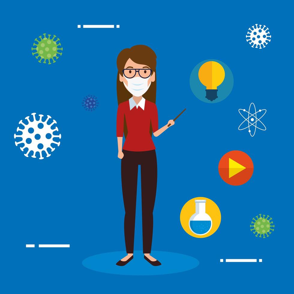 teacher female using face mask with education icons vector