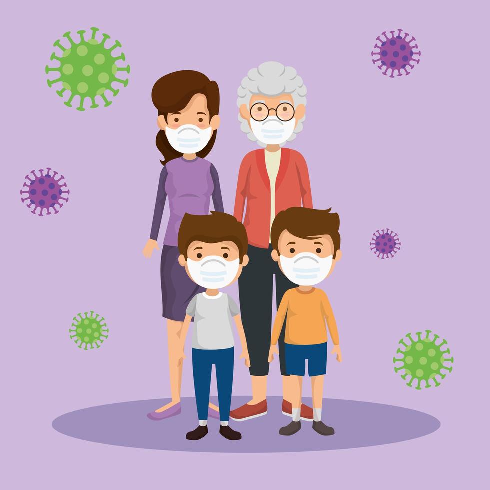 cute family members using face mask with particles 2019 ncov vector