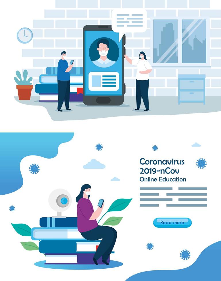 set scenes of education online for 2019 ncov with people and icons vector