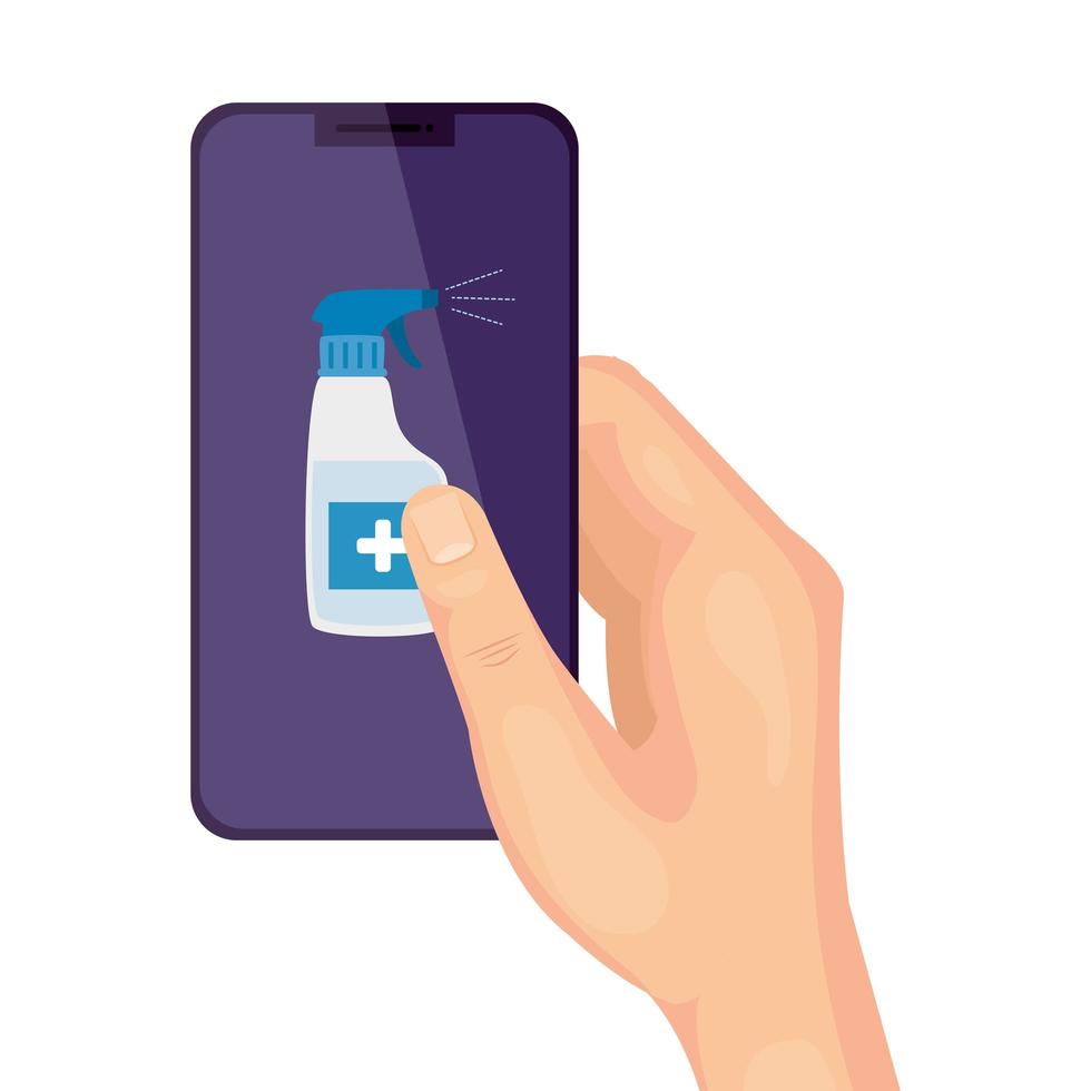 hand and smartphone with bottle spray sanitizer vector