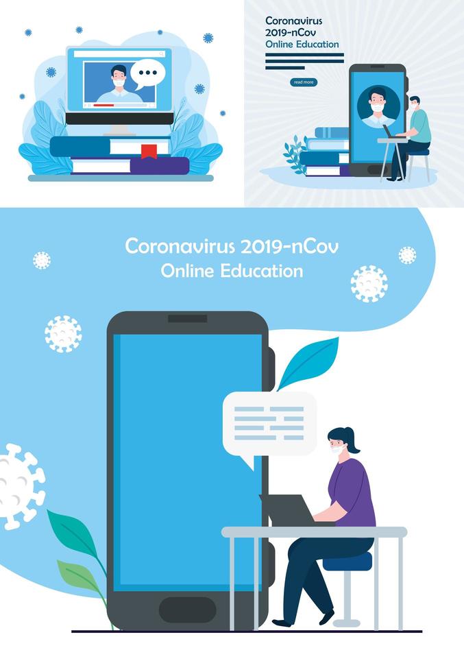 set scenes of education online for 2019 ncov with people and icons vector