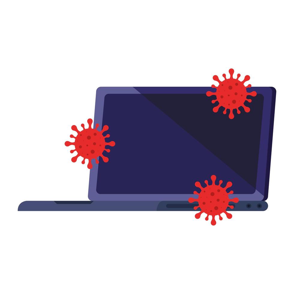 laptop with particles covid 19 isolated icon vector