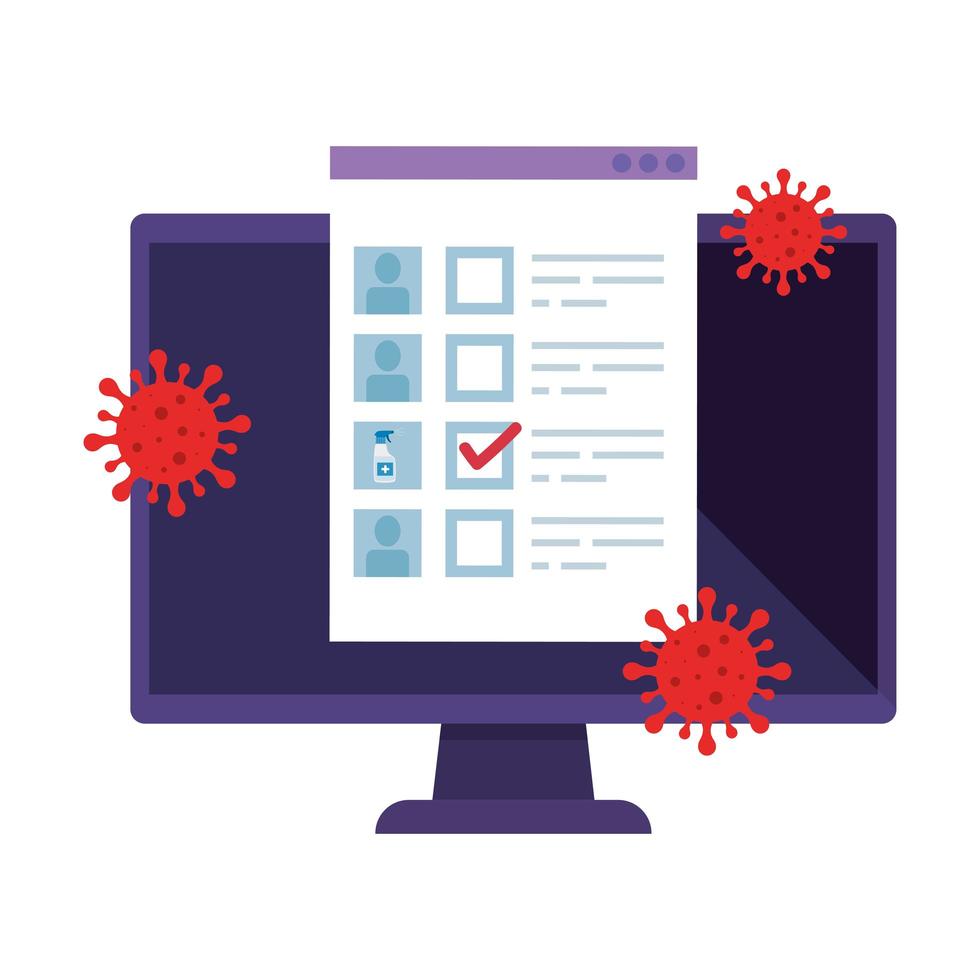 computer with particles covid 19 isolated icon vector