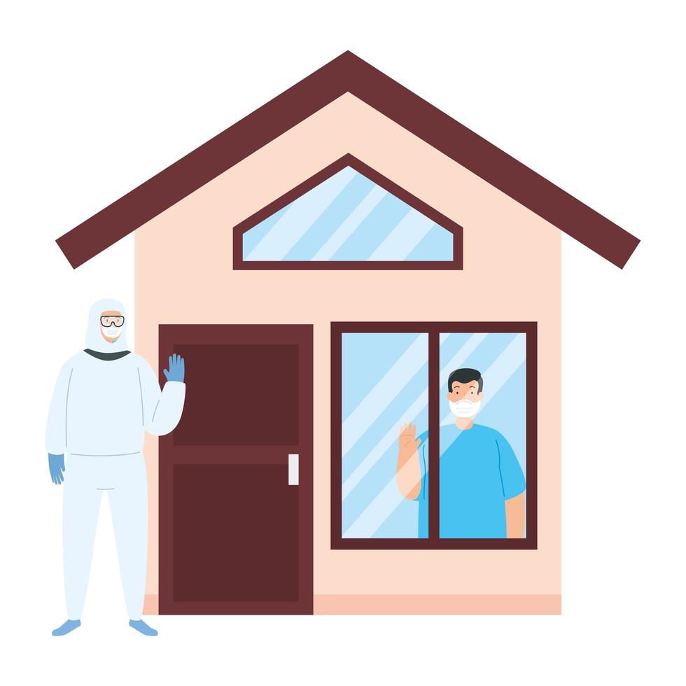 person with biohazard suit and facade house vector