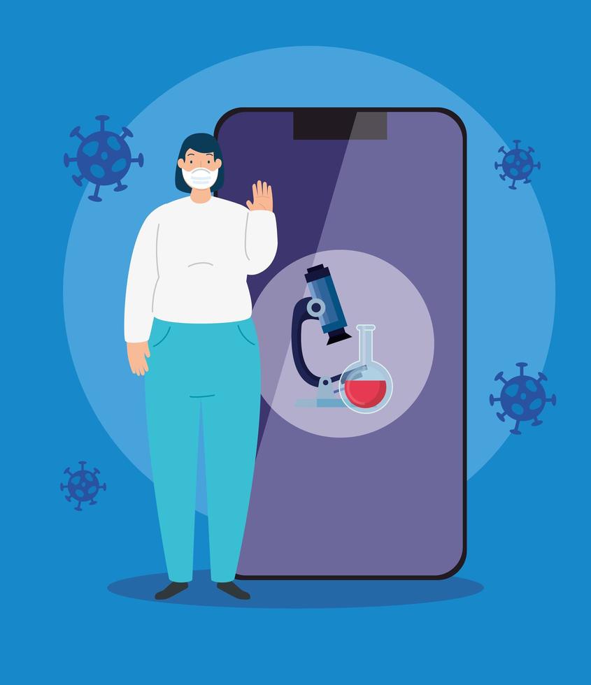 woman using face mask and smartphone with particles 2019 ncov vector