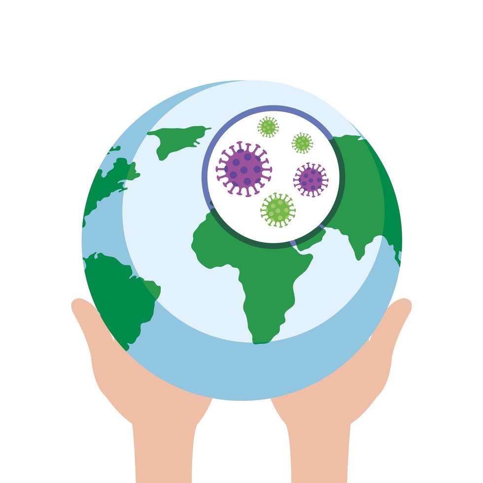 hands and planet earth with covid19 particles vector