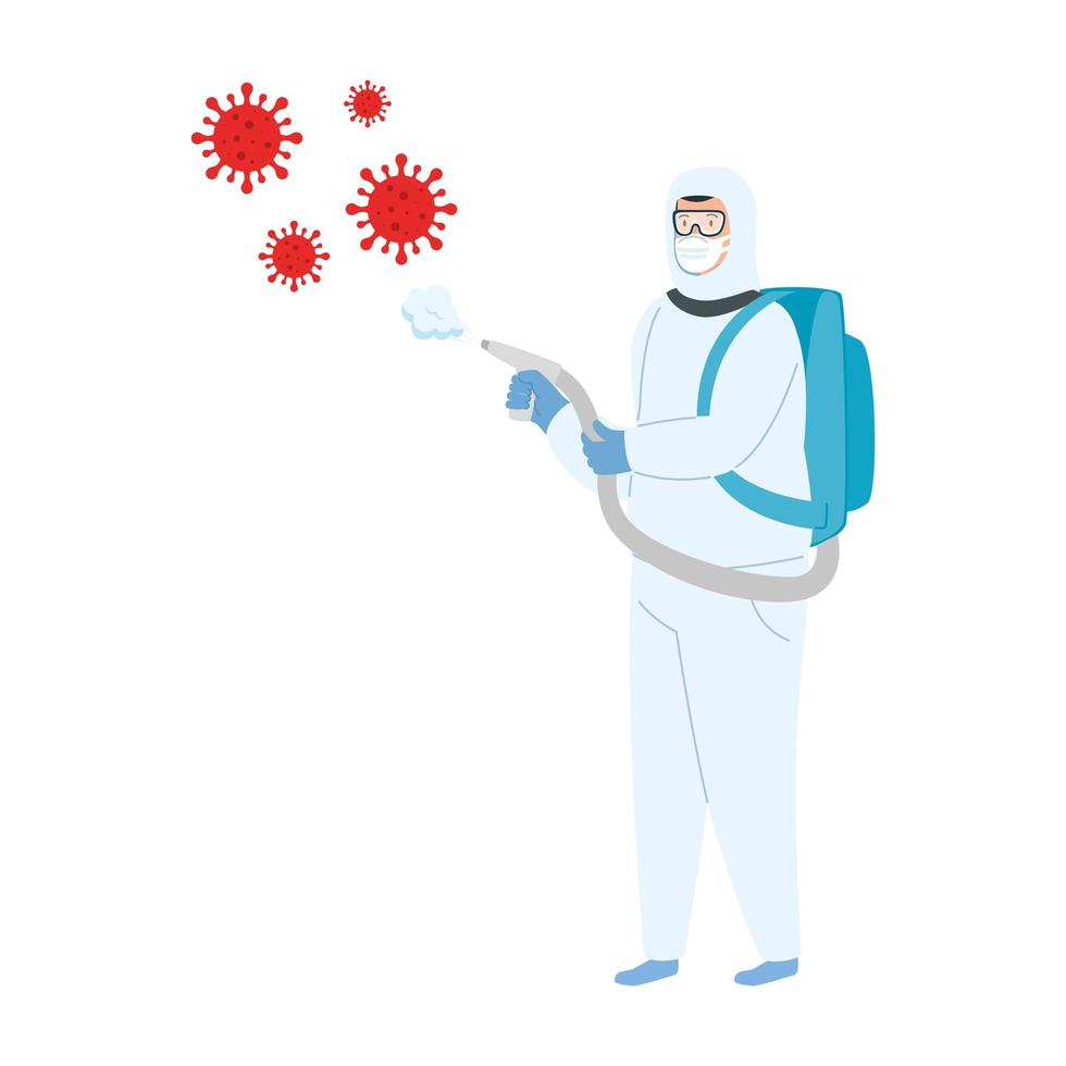 person with biohazard suit protection and particles covid 19 vector