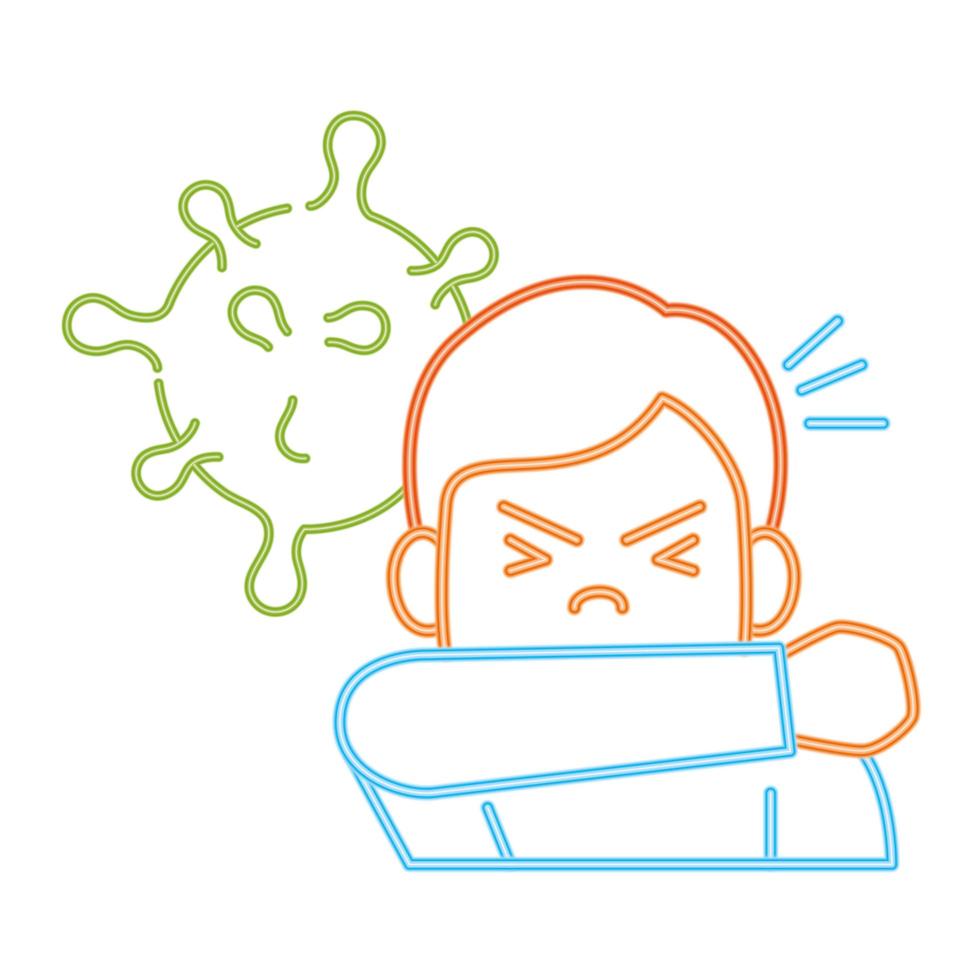 man sneezing in elbow, prevention covid 19 vector