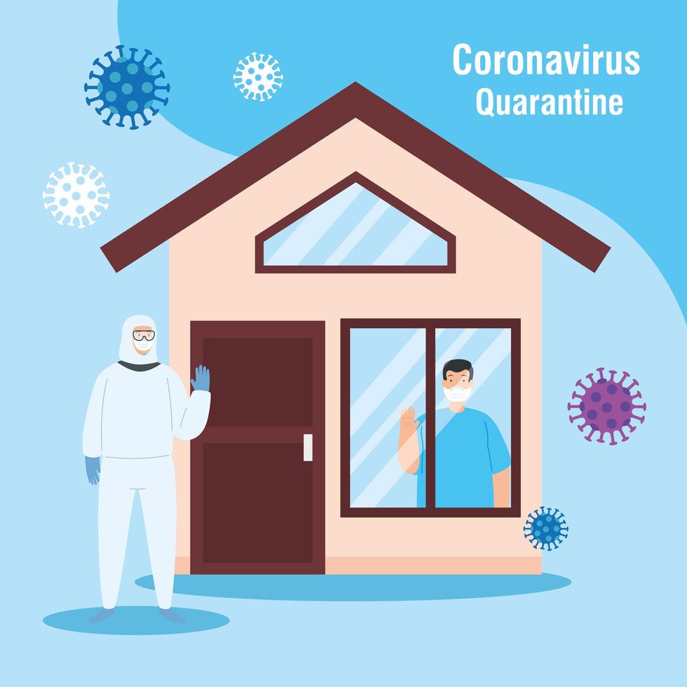 person with biohazard suit and facade house vector