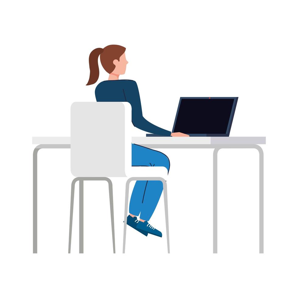 young woman with laptop, sitting in chair with desk vector