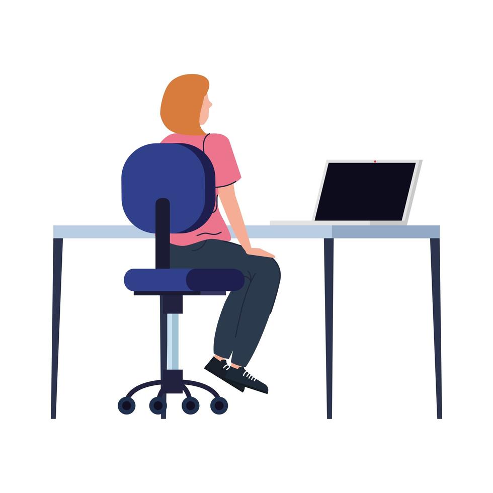 young woman with laptop, sitting in chair with desk vector