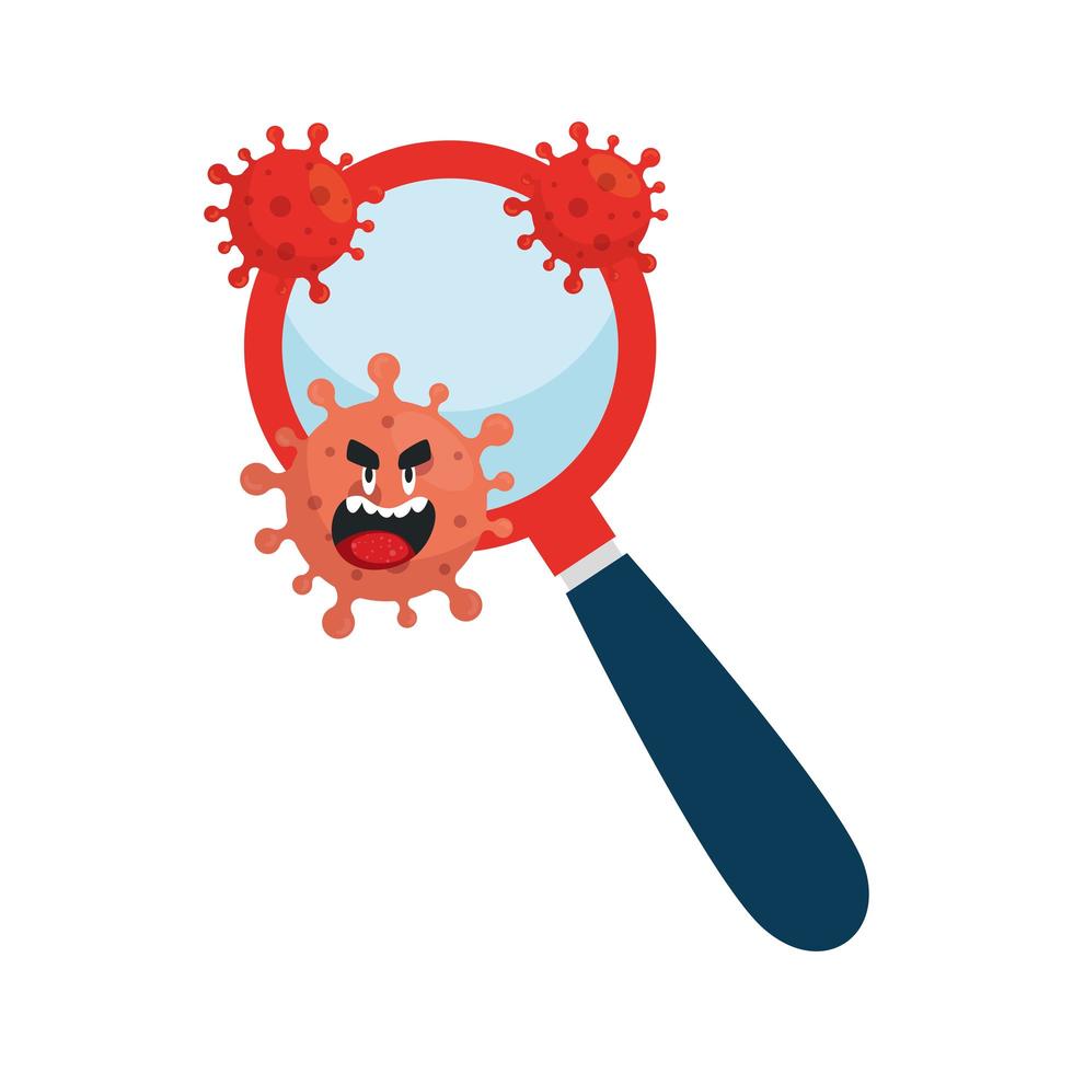 icono de lupa, signo de lupa con emoji de coronavirus vector