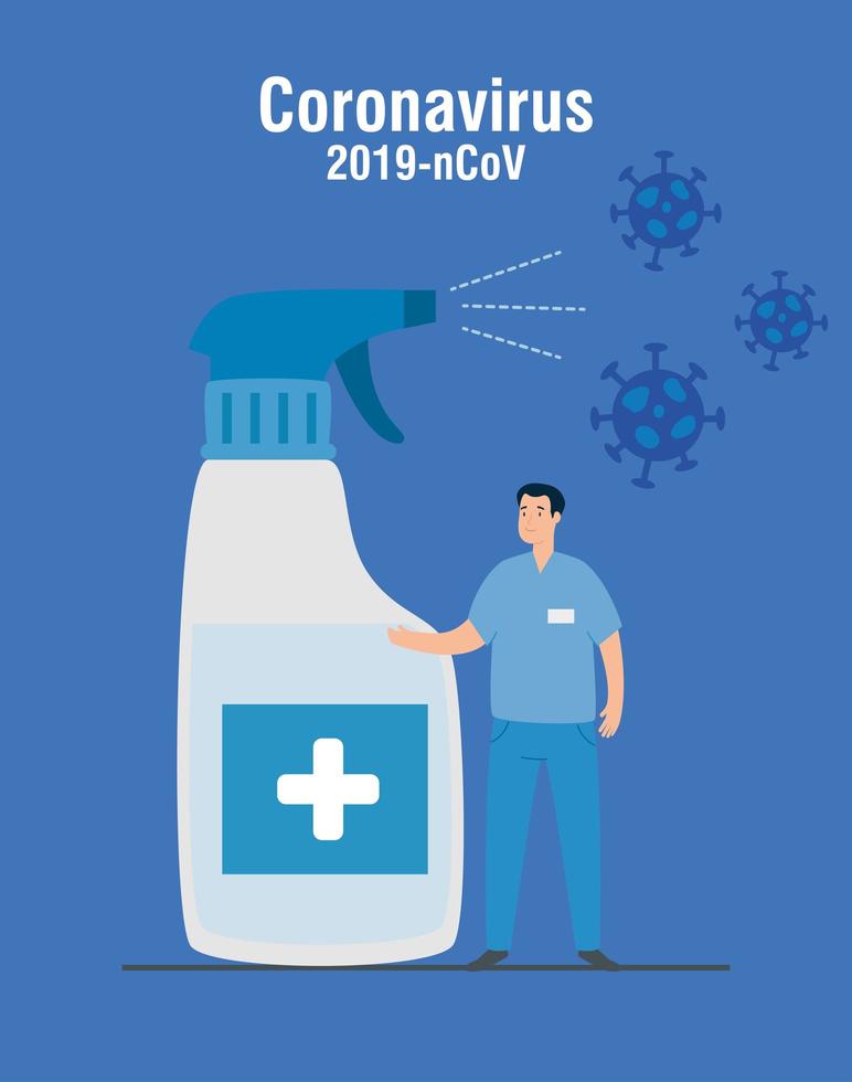 paramédico con desinfectante en aerosol de botella y partículas 2019 ncov vector