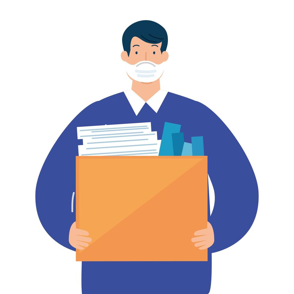 man unemployment concept, company worker holding stuff in box, from coronavirus crisis covid 19 vector