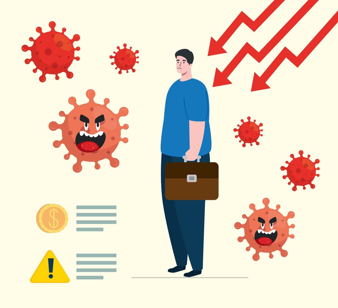 coronavirus 2019 ncov impact global economy, covid 19 virus make down economy, world economic impact covid 19, man with arrows down vector