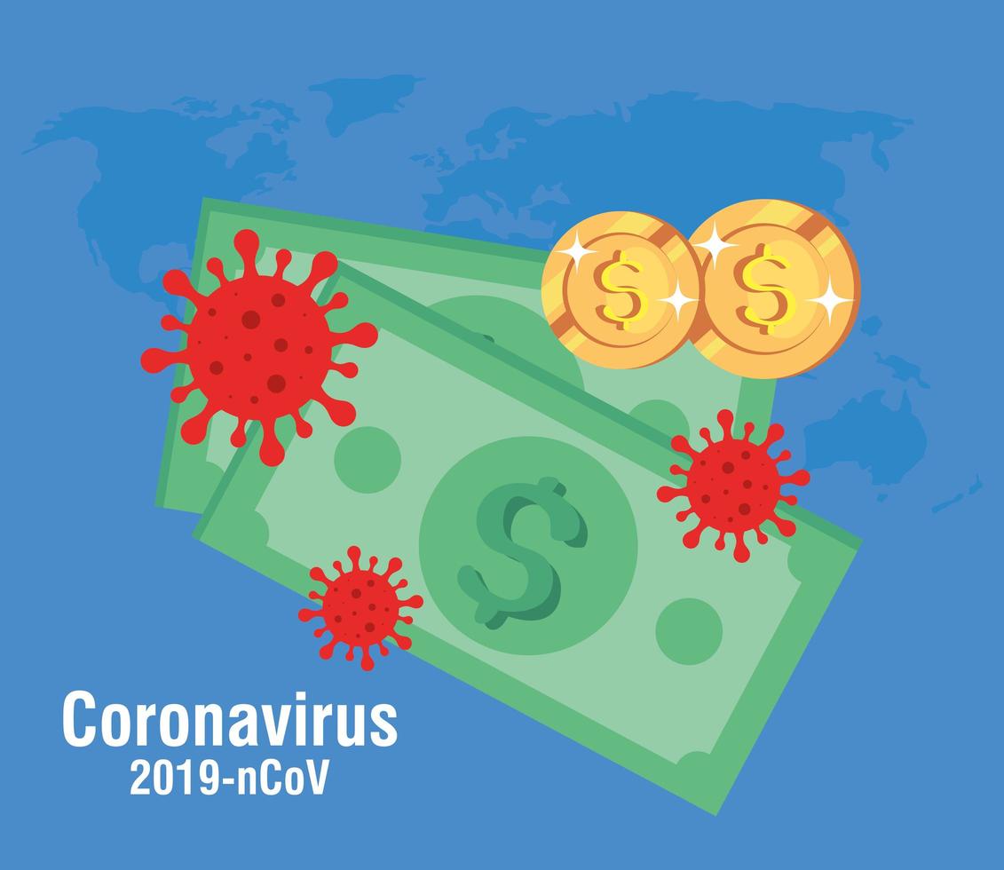 bills cash and coins with particles 219 ncov vector