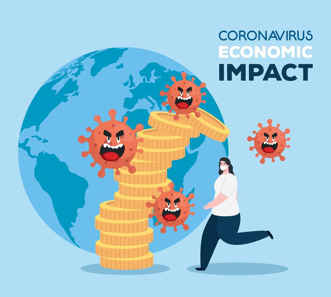 coronavirus 2019 ncov impacta la economía global, el virus covid 19 hace bajar la economía, impacto económico mundial covid 19, mujer con pila de monedas cayendo vector