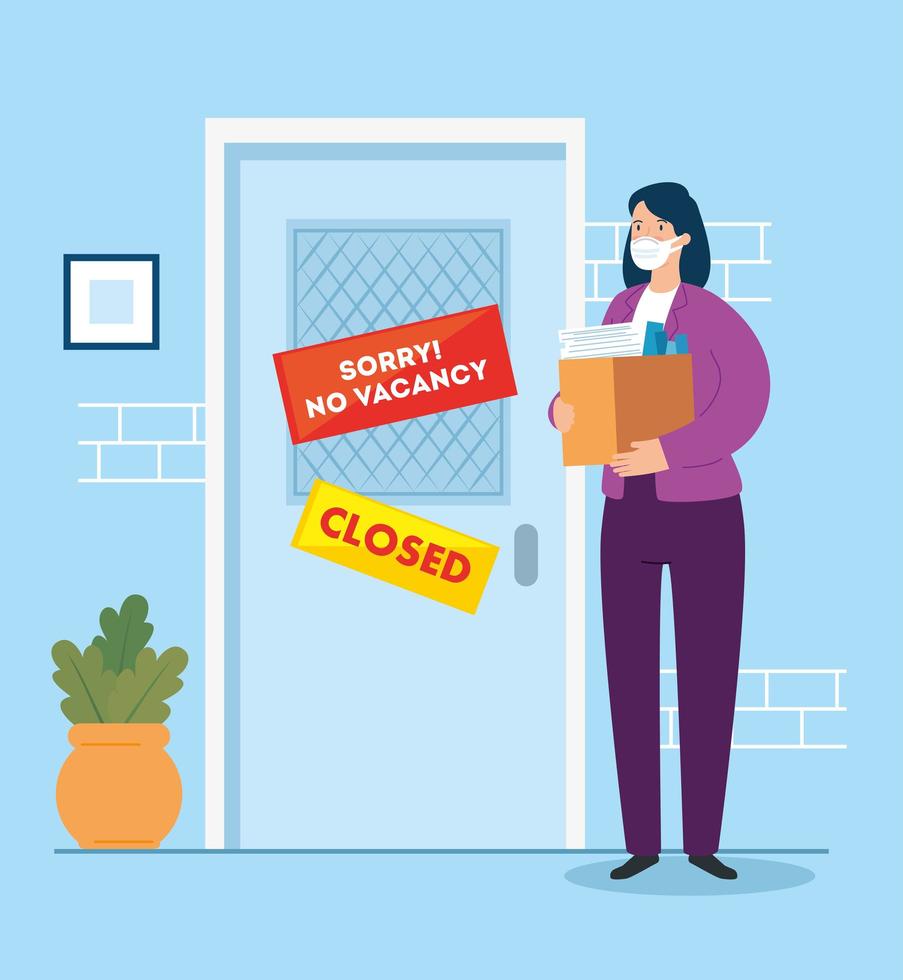no vacancy, sorry, unemployment coronavirus covid 19, global crisis, woman and box with objects office vector
