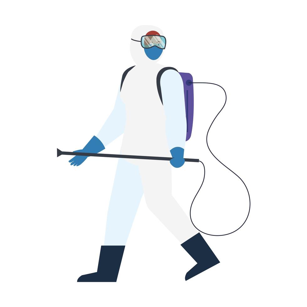 Persona con traje de protección para rociar virus de covid 19, concepto de virus de desinfección vector