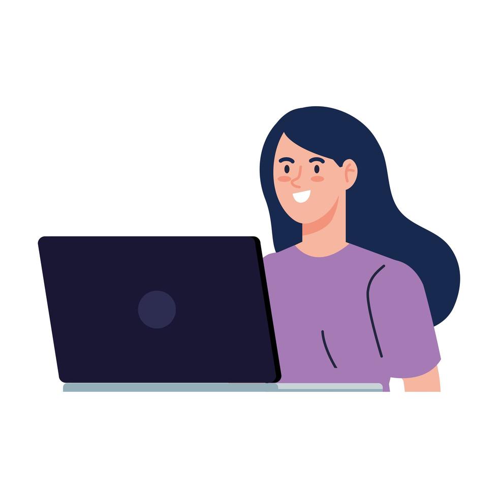 young woman with laptop, browsing internet vector