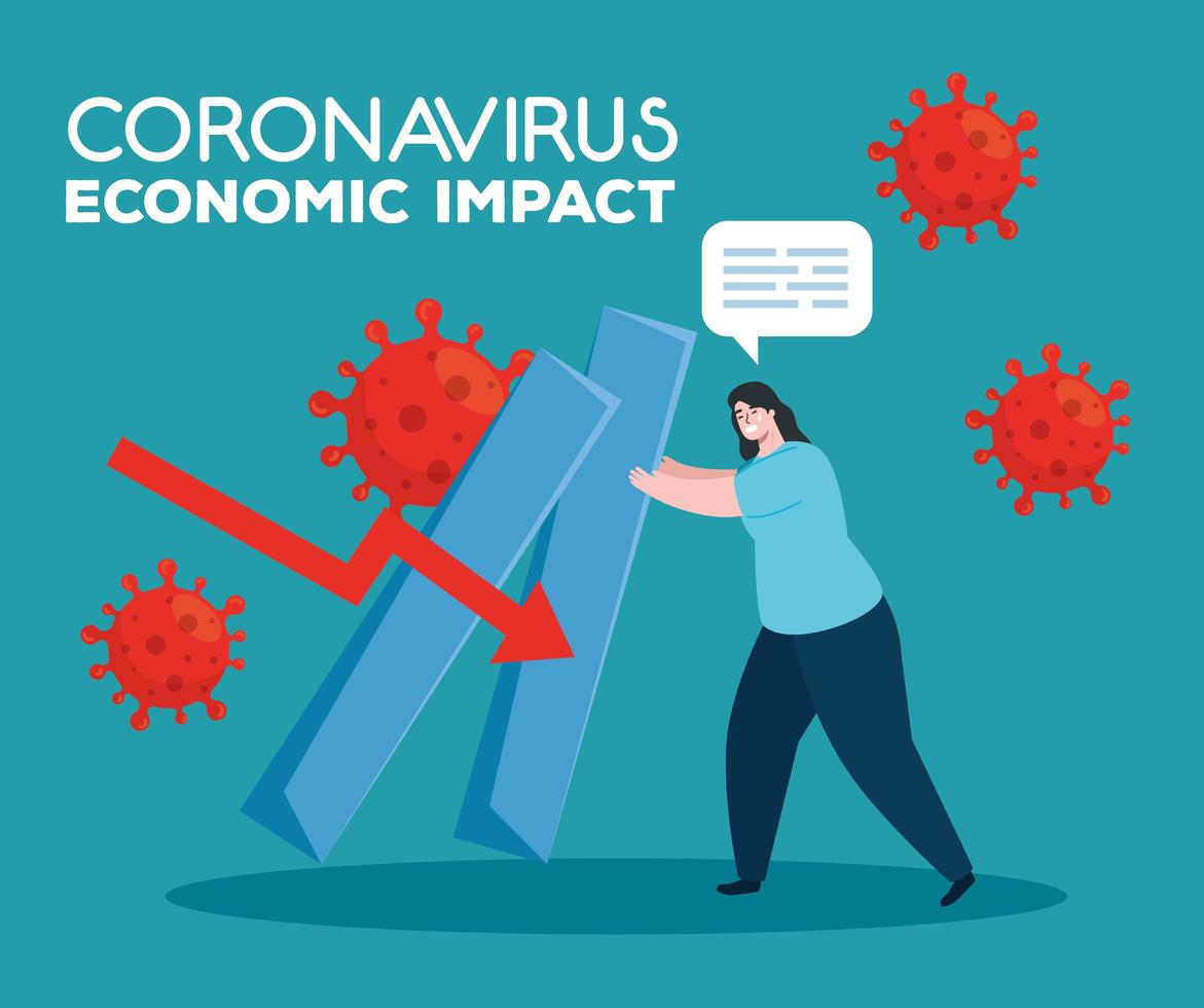 coronavirus 2019 ncov impacta la economía global, el virus covid 19 hace que la economía caiga, impacto económico mundial covid 19, mujer con infografía abajo vector