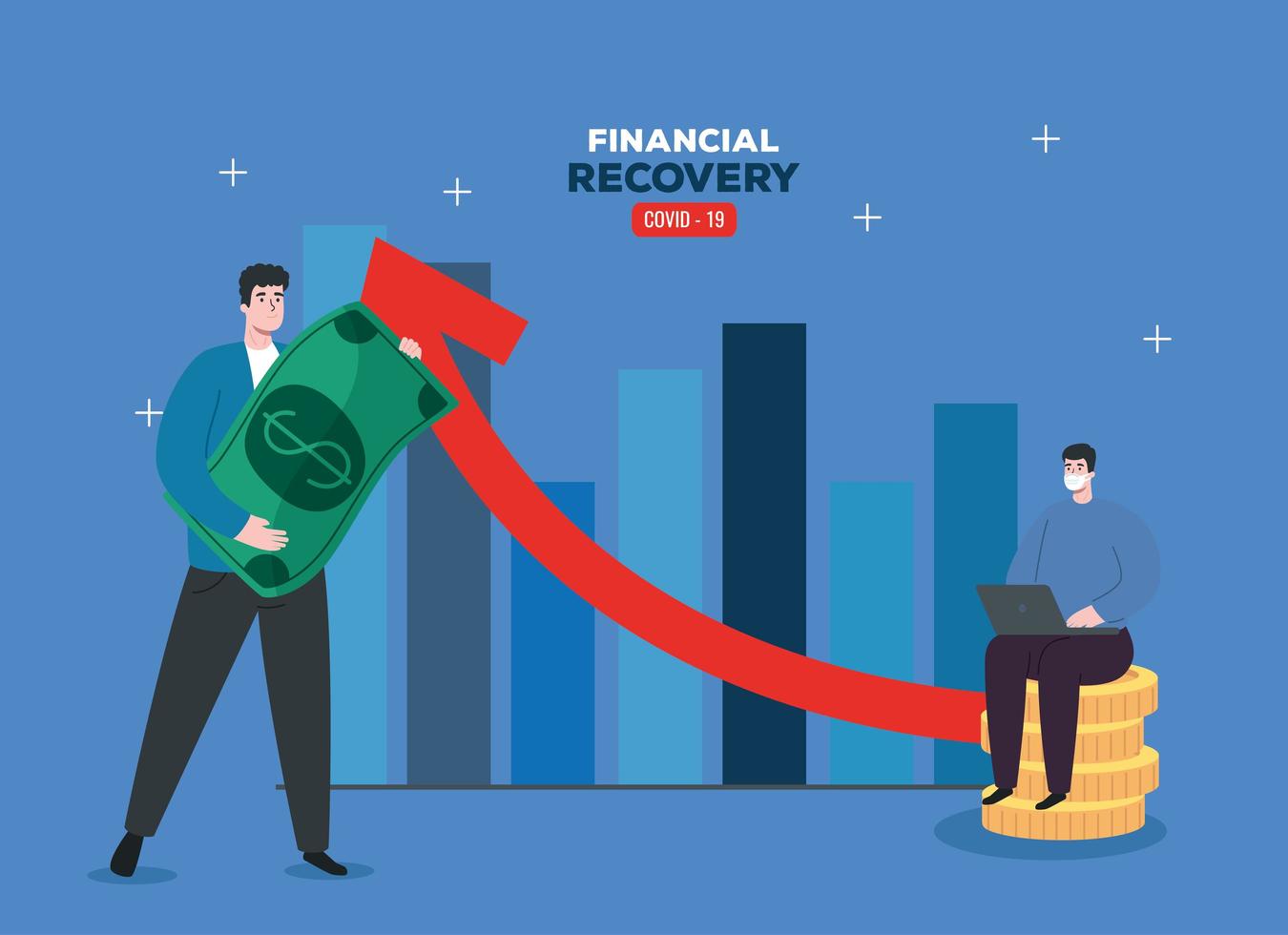 global financial recovery of market after covid 19, men with business statistic and icons vector