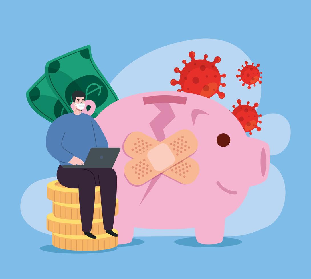 global financial recovery of market after covid 19, man with piggy bank and icons vector