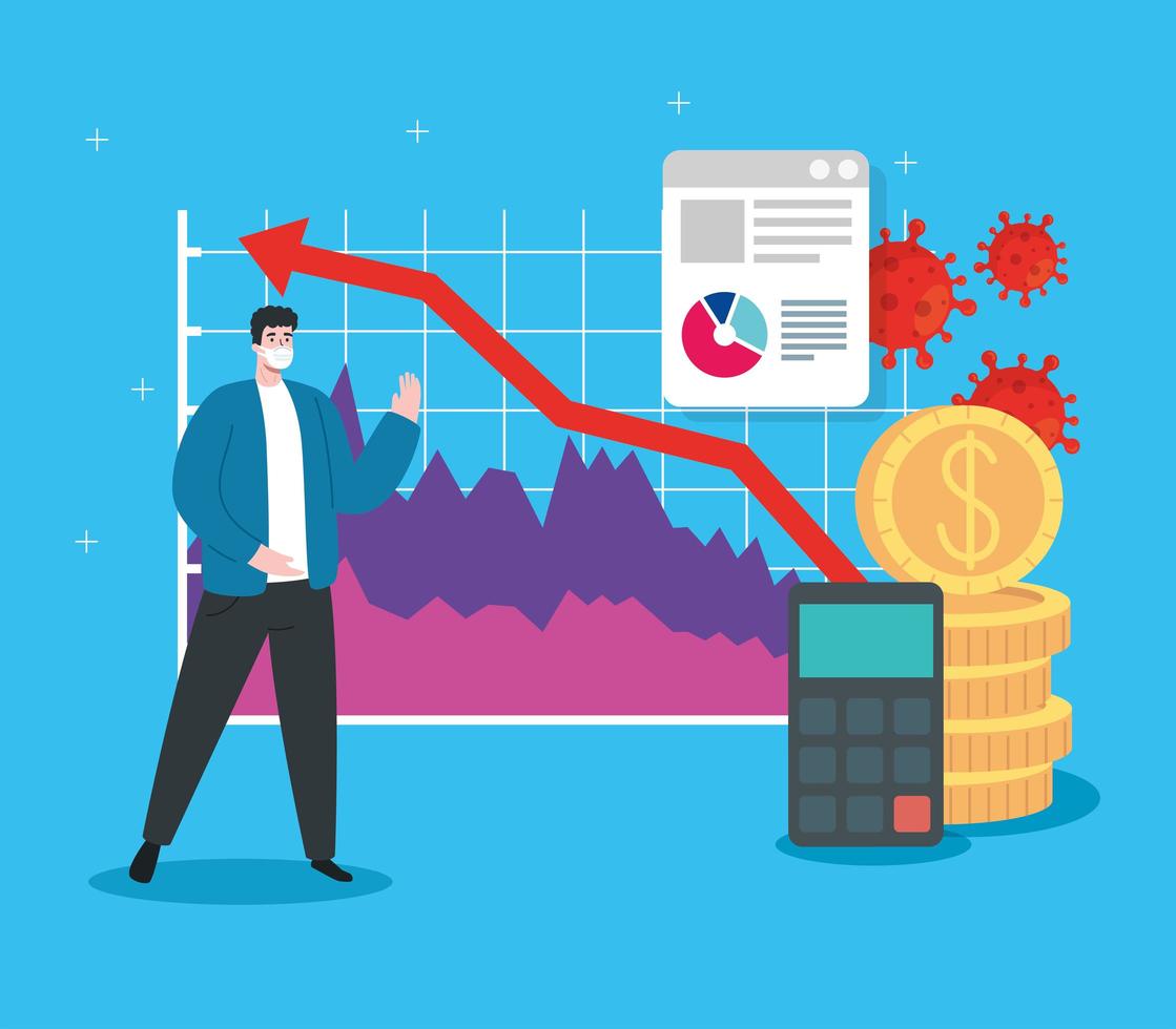 Recuperación financiera global del mercado después del covid 19, hombre con iconos gráficos y financieros de negocios vector