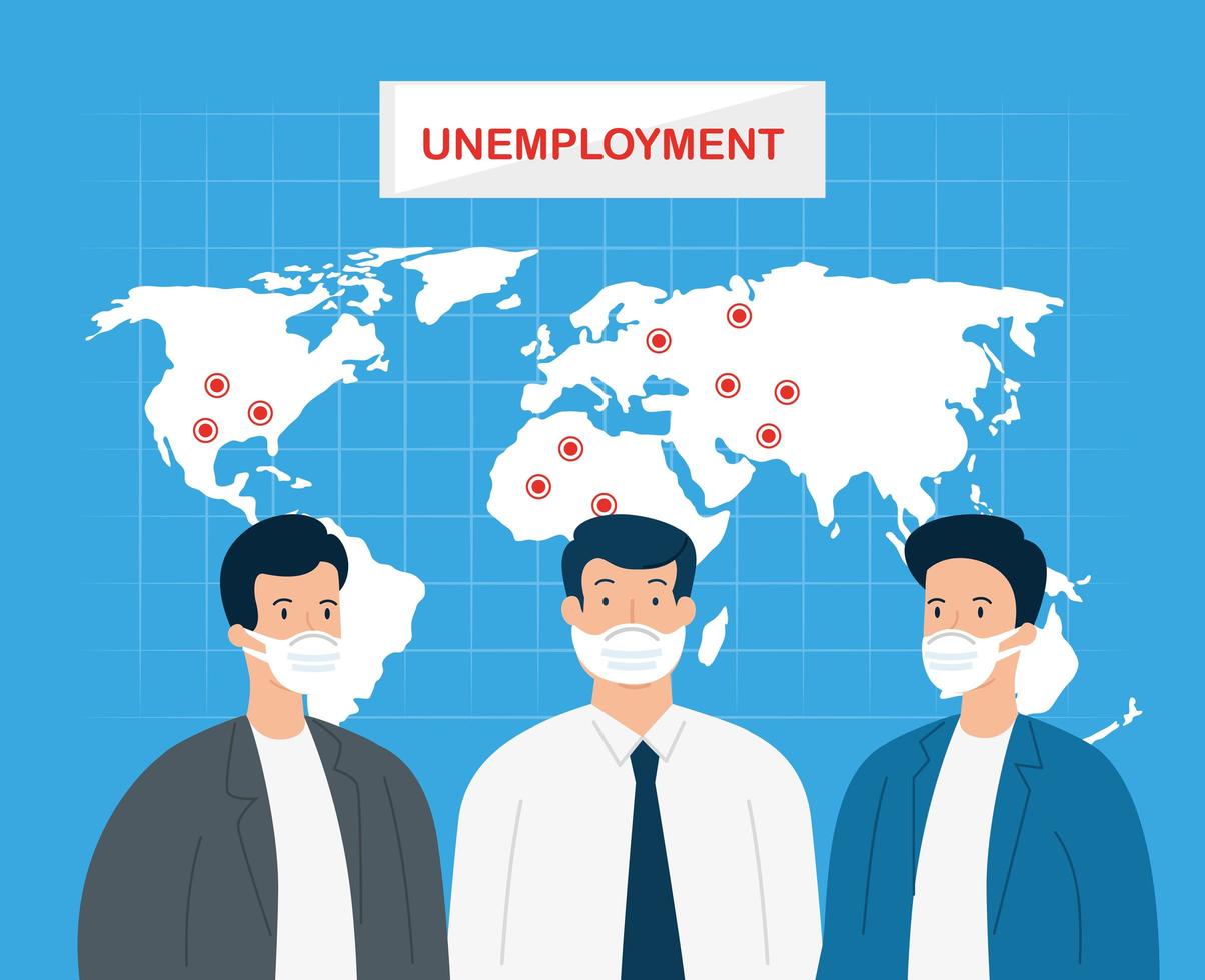 coronavirus, desempleo, desempleo de covid 19, empresa cerrada y negocio cerrado, empresarios con mapa del mundo vector