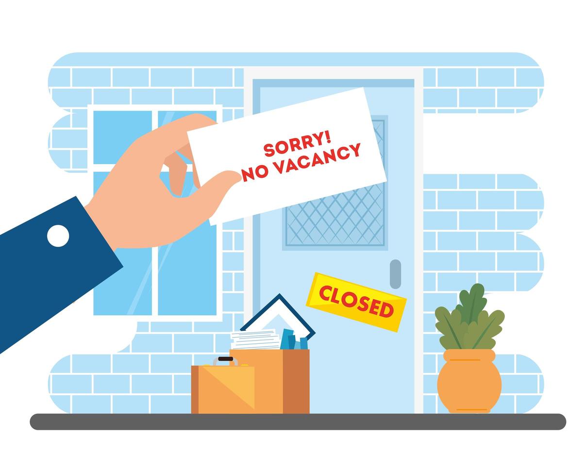 no vacancy, sorry, unemployment coronavirus covid 19, global crisis, facade company vector