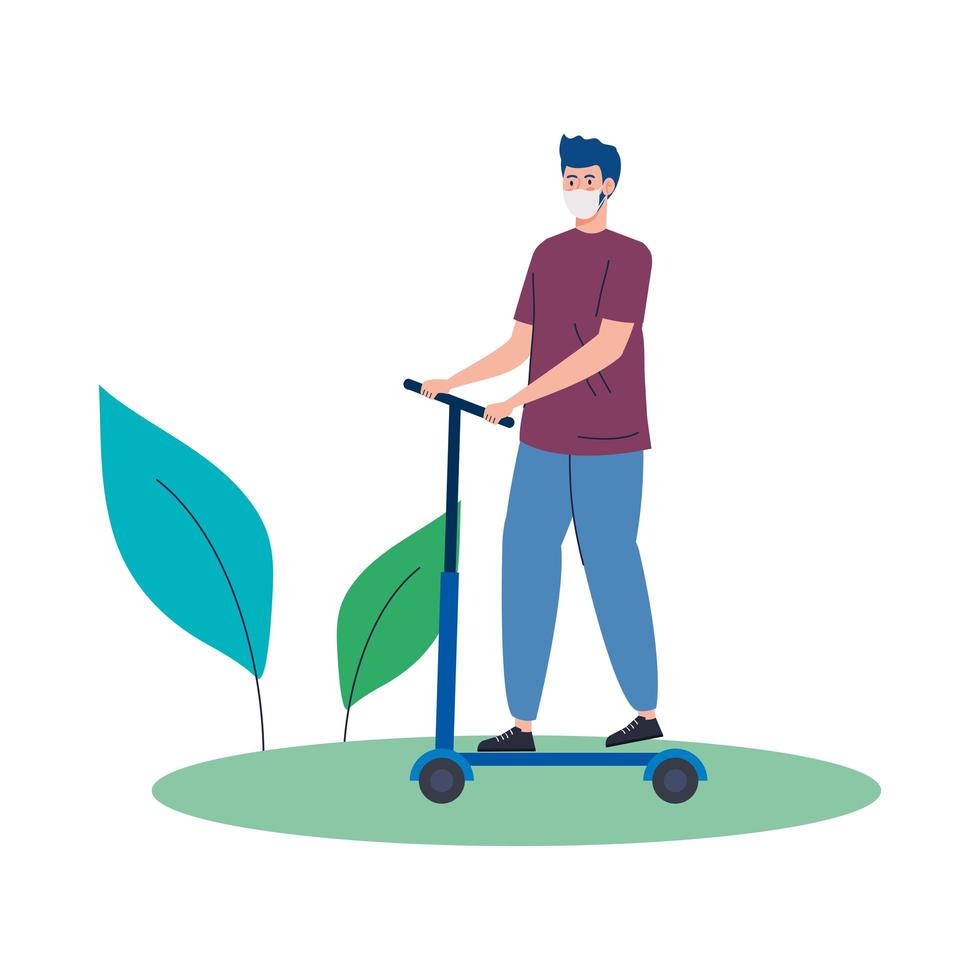 man in scooter using protective surgical mask on nature landscape during covid 19 pandemic vector