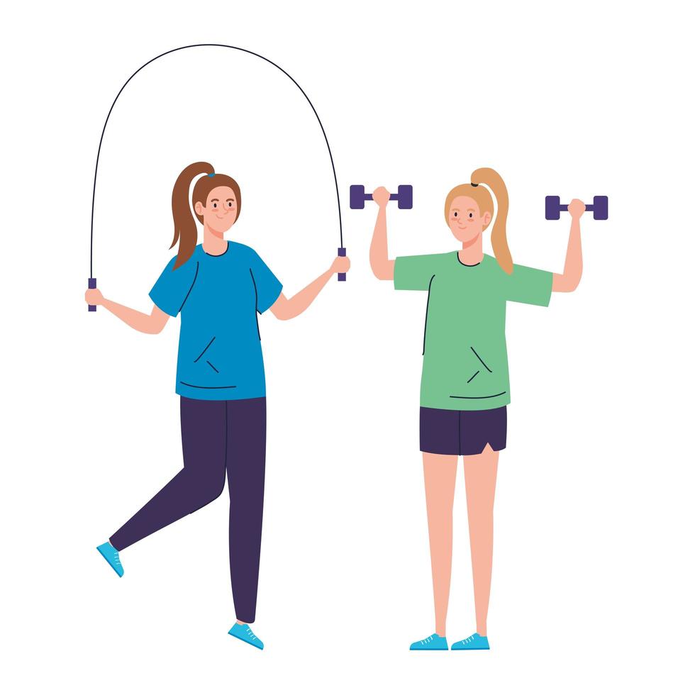 women athletes, weightlifting and skipping rope on white background vector