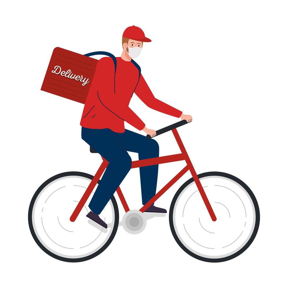 delivery of goods during the prevention of coronavirus, courier worker in bike using face mask vector