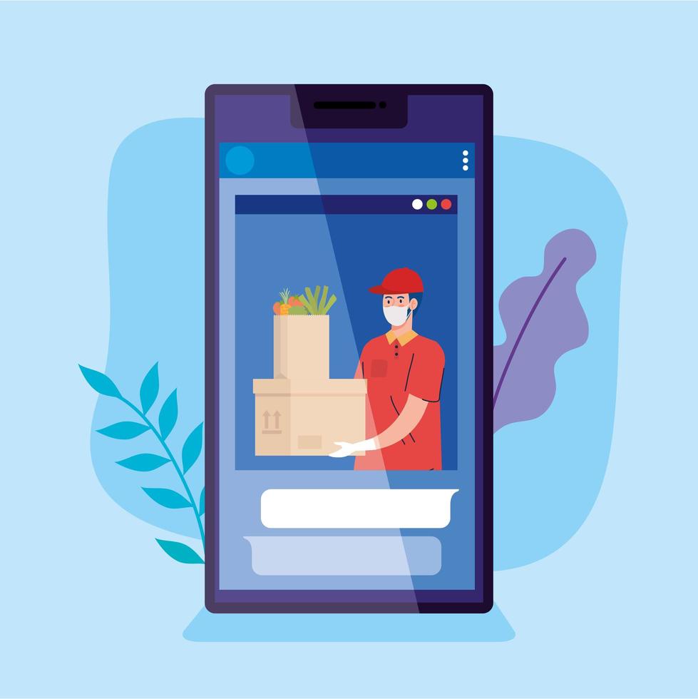 safe contactless delivery courier by covid 19, stay home, order goods online by smartphone vector