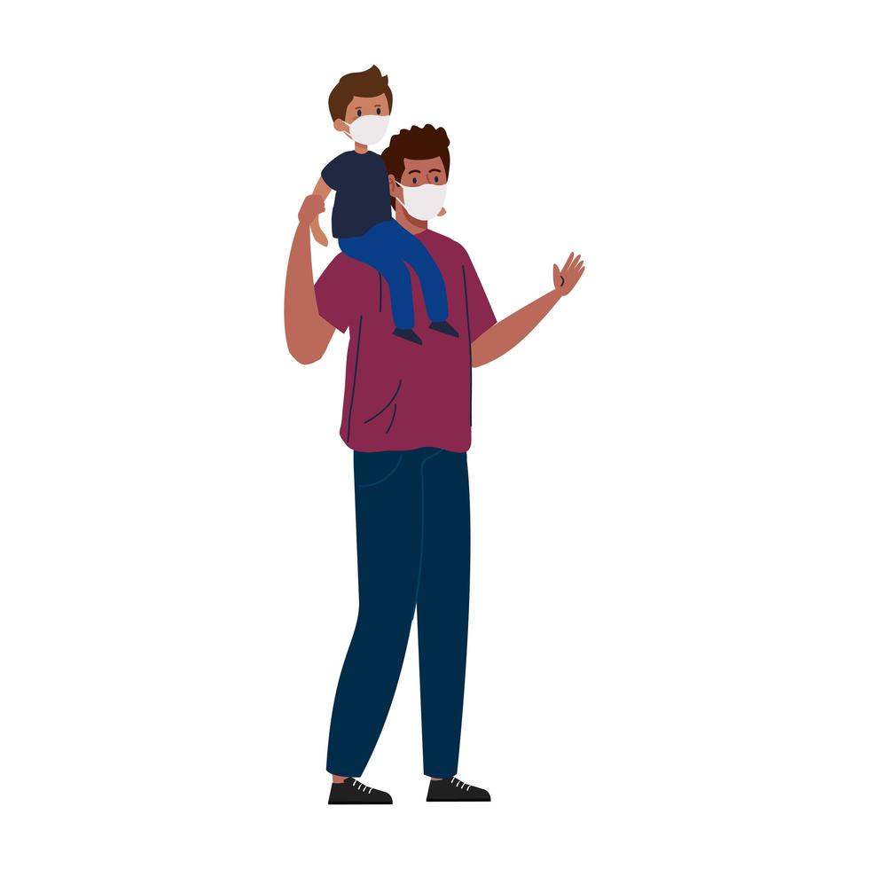 father and son wearing protective medical mask for prevent virus covid 19 vector