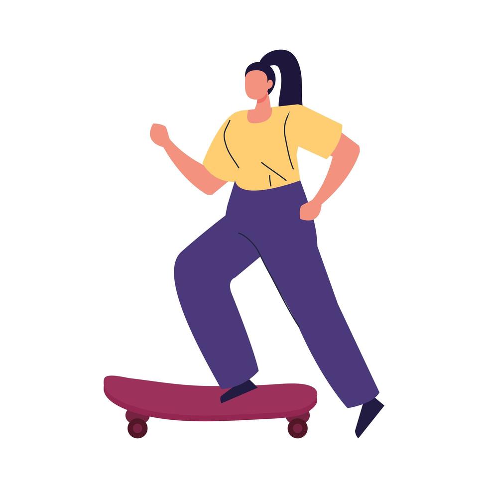 Mujer en patineta sobre fondo blanco. vector