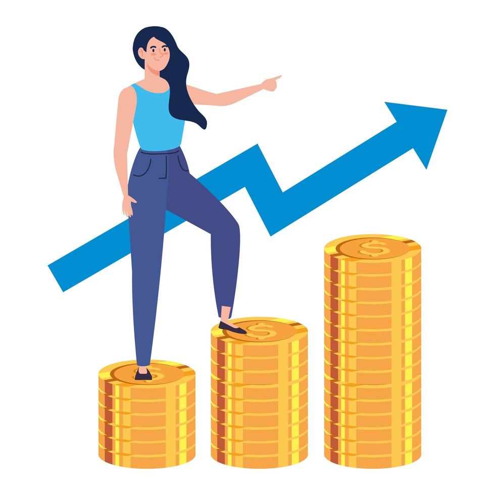 mujer está subiendo escaleras de pilas de monedas hacia su objetivo financiero, pila de monedas, mujer joven vector